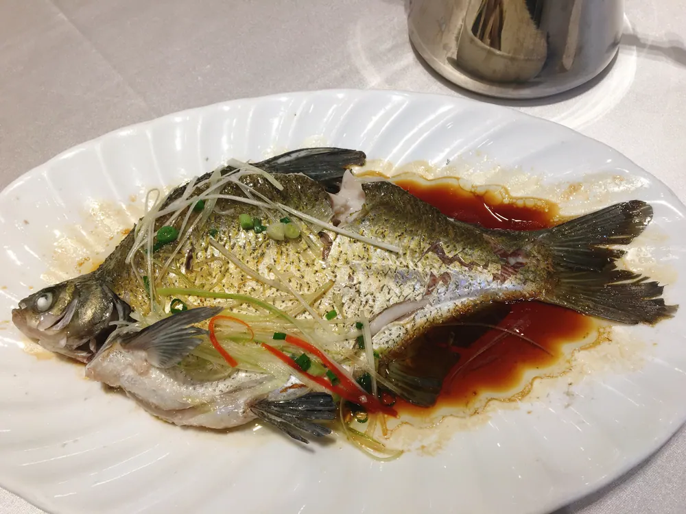 Steamed Wuchang bream on a serving plate